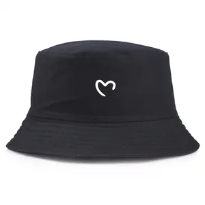 Women Cotton Heart Print Bucket Hat Minimalist Outdoor Sun Protection Fisherman Hat Casual Summer Beach Sunshade Headwear