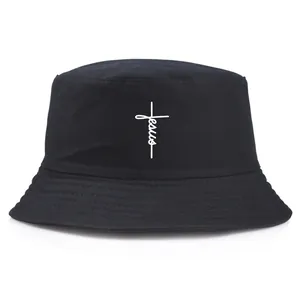 Jesus Cross Letter Printed Cotton Bucket Hat For Men Women Casual Outdoor Sun Protection Flat Top Summer Trendy Fisherman Cap