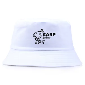 White cotton carp fishing bucket hat with black fish print and carp fishing text logo