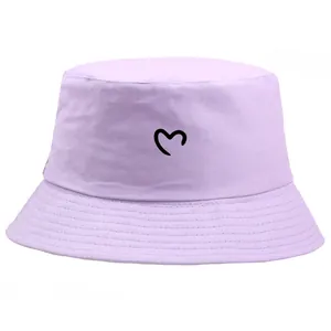 Trendy light purple cotton bucket hat with a black heart outline for outdoor sun protection