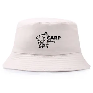 White bucket hat with carp fishing print and decorative embroidery on the brim
