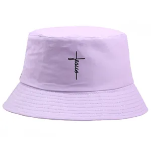 Lavender cotton bucket hat with black Jesus cross print for outdoor summer fashion
