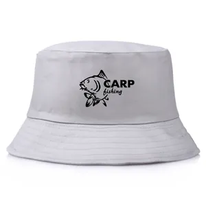 Outdoor fishing bucket hat in light grey canvas with a black carp pattern print