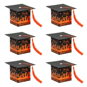 Set de seis cajas de regalo birrete de graduación negras con borlas naranjas y oro