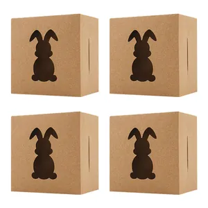 Lot de 4 boîtes cadeau de Pâques en papier kraft marron avec découpes de lapin écologiques