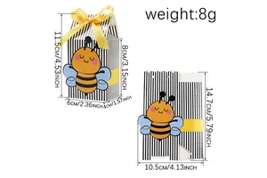 Dimensions détaillées de la boîte cadeau abeille avec rayures noires et blanches et ruban