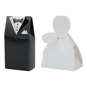 European wedding candy boxes featuring black groom suit and white bridal dress designs