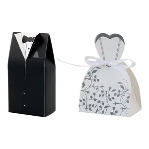 European wedding candy boxes with black tuxedo and white floral bridal dress designs