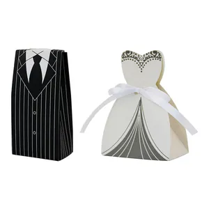 European Creative Wedding Candy Box Groom Tuxedo Bride Wedding Gown Cardboard Favor Box With Ribbon For Party Gift Packaging
