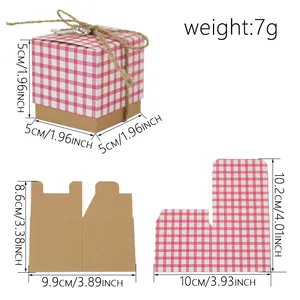 European kraft gift box with pink plaid lid, twine and key charm, 5x5x5cm dimensions