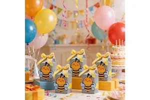 Boîtes cadeaux abeille avec rayures noires et blanches et ruban jaune pour fête