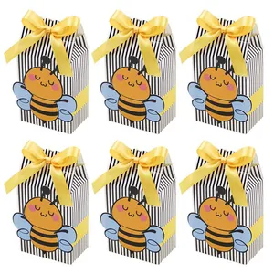 Lot de 6 boîtes à bonbons abeille à rayures noires et blanches et rubans en satin
