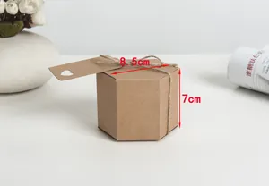 Detail view of hexagonal kraft paper candy box with hemp rope and heart gift tag 8.5x7cm