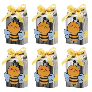 Lot de 6 boîtes à bonbons abeille à rayures noires et blanches avec nœud jaune