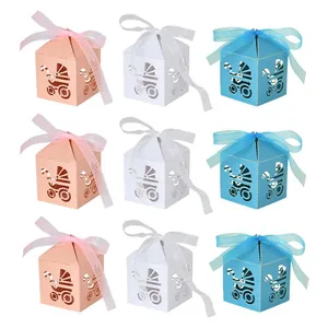 Laser Cut Baby Carriage Candy Boxes European Artificial Pearl Paper Gift Box With Ribbon For Baby Shower Wedding Party Favors Box