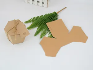 Flat lay of hexagonal kraft gift box with hemp rope, tag and die-cut unfolded cardboard