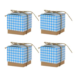 European style kraft paper gift boxes with blue checkered lids and jute twine set of 4
