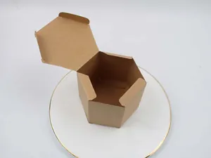 Macro detail of a hexagonal kraft paper gift box showing its unique foldable structure