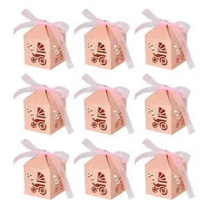 European baby carriage hollow favor boxes with pink ribbons for wedding party gifts