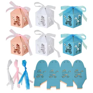 Laser cut baby stroller candy box in pink white and blue colors with silk ribbons