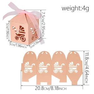 Pink laser-cut baby stroller candy box with ribbon and dimensions for wedding party