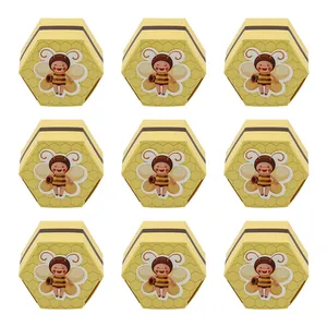 Creative hexagonal yellow bee party favor boxes for baby birthday gifts in a 9-piece set