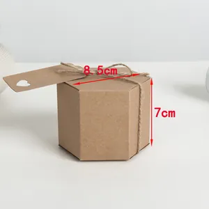 Hexagonal brown kraft paper gift box with twine and heart tag, size 8.5x7cm