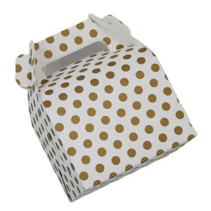 Large white pastry box with gold polka dots and integrated carry handle for cake gifts