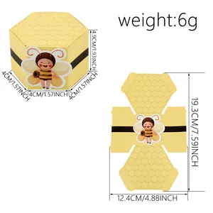 Yellow beehive pattern hexagon gift box for candy with cute bee sticker and dimensions