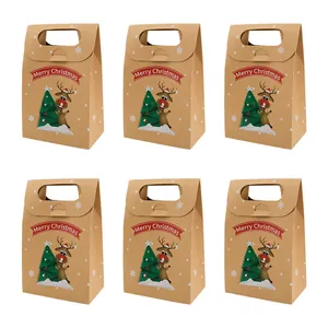 6-pack of brown kraft paper Christmas gift bags with reindeer and snowflake prints