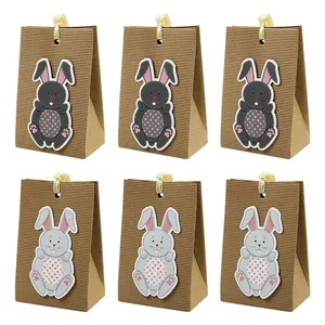 Easter Bunny Kraft Paper Gift Bags With Ribbon Handle Corrugated Cardboard Candy Bags For Easter Party Favors Decor Small Packaging Bags
