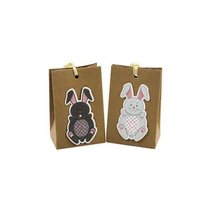 Brown corrugated Easter bunny gift bags with ribbon handles and heart pattern, set of 2