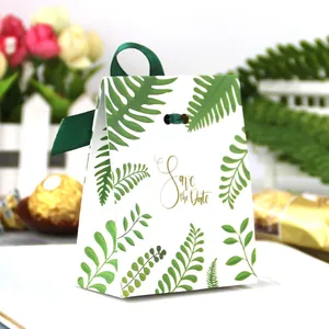 European wedding gift box with green botanical patterns and Save the Date gold foil printing