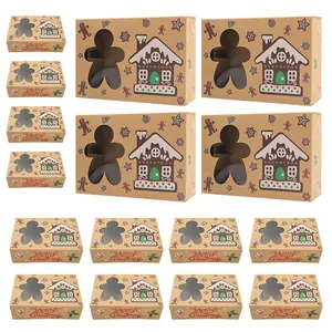 Christmas kraft paper cookie boxes with window featuring festive gingerbread man prints