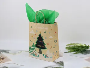 Christmas kraft paper gift bag with festive Merry Christmas print and handles