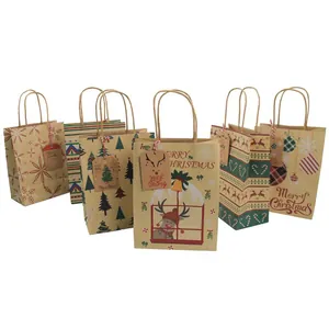 Kraft Paper Christmas Gift Bag With Handles Snowflake Reindeer Pattern Festive Holiday Party Favors Packaging Bags For Presents
