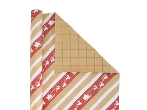 Detail von Weihnachtsgeschenkpapier mit roten Streifen und Gitterlinien auf der Rückseite