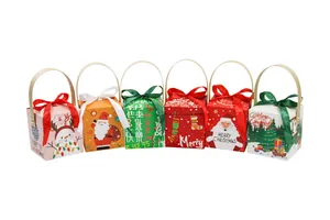 Detailed set of six festive Christmas gift boxes with ribbons and wooden handles