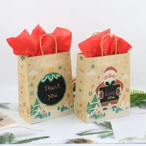 Brown kraft paper Christmas gift bags with festive Santa prints and red tissue paper