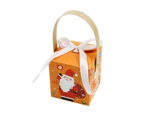 Orange Christmas gift box with Santa illustration, white satin bow, and wooden handle