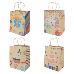 Birthday Kraft Paper Gift Bags With Handles Cartoon Cake Balloon Print For Party Favor Candy Wrap Shopping Bags