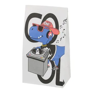 Detail of white paper bag featuring a cartoon blue dinosaur DJ and cool lettering