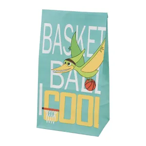 Detail of teal square bottom paper bag featuring cartoon dinosaur and basketball graphics