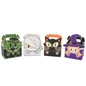 Halloween Cartoon Gift Boxes Mummy Witch Black Cat Frankenstein Patterns Cardboard Treat Bag Handle Party Favor Box