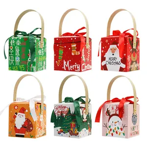 Christmas Apple Gift Box Wood Texture Handle Satin Ribbon Bow Candy Packaging Merry Christmas Paper Gift Box Party Supplies