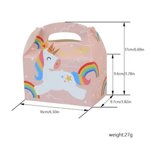 Boîte cadeau licorne rose avec poignée et dimensions pour bonbons ou pâtisseries
