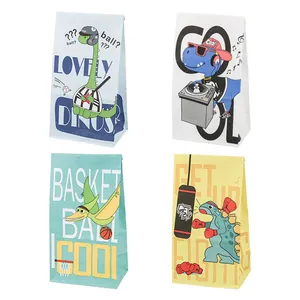 Cartoon Dinosaur Kraft Paper Gift Bags Sports Theme Candy Favors Bags Foldable Flat Bottom Packaging Bags For Kids Birthday Party