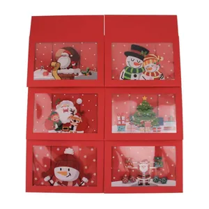 Set of 6 red Christmas gift boxes with transparent windows featuring festive illustrations