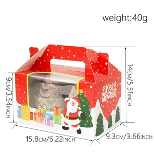 Christmas 2-hole cupcake box with PVC window and handle, festive red Santa illustration