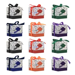 Boîtes Cadeaux de Graduation Forme Toque Ajourée Boîte à Bonbons Avec Nœud en Satin pour Décoration de Fête